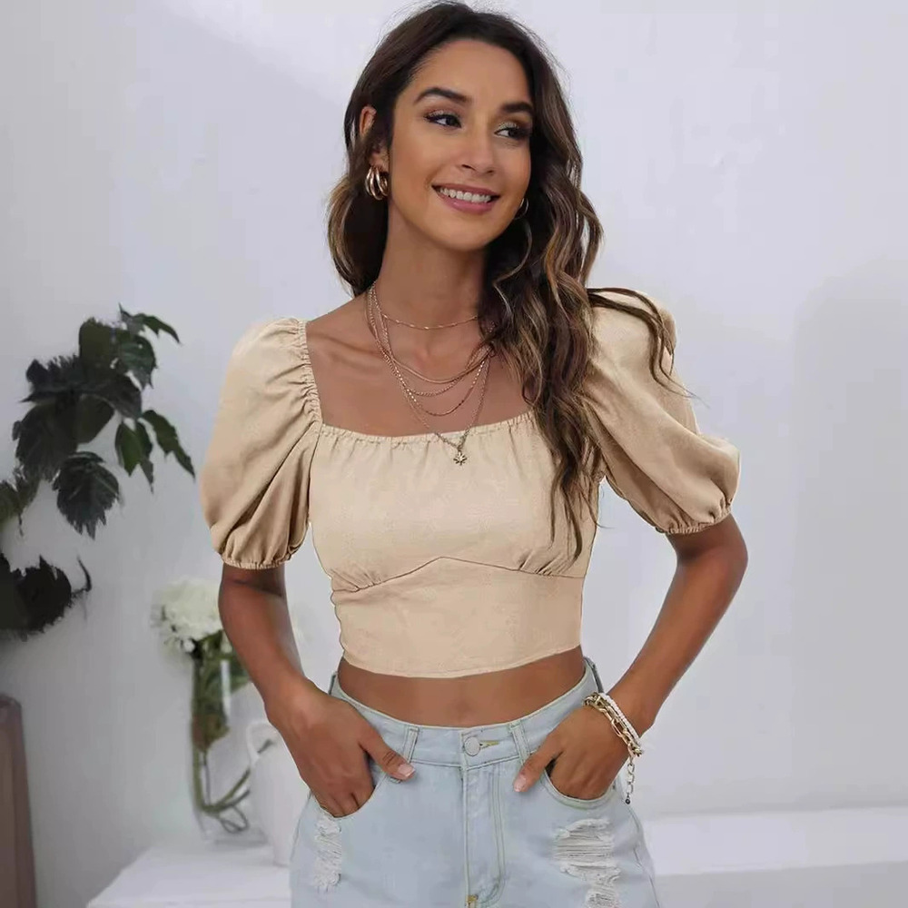 ZARA Casual Crop Top Solid Color Square Neck Lantern Sleeve Backless Tie